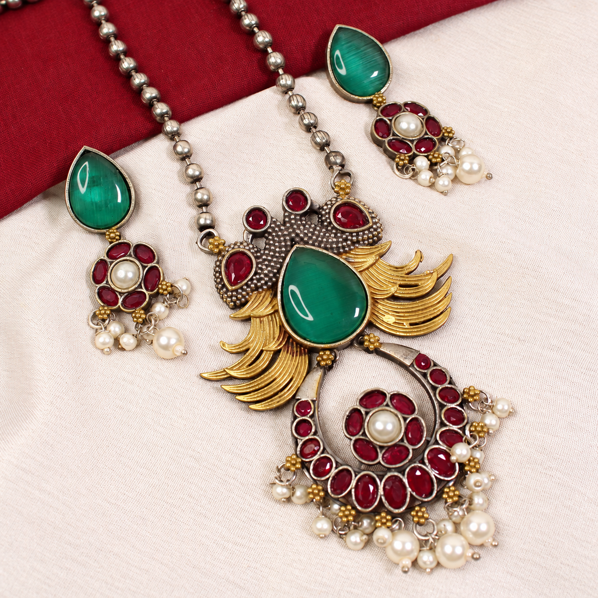 Ornate Teardrop Stone Pendant Set - Green and Ruby — retouched original photograph IMG_8146