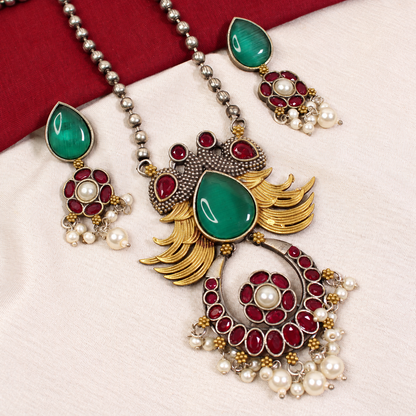Ornate Teardrop Stone Pendant Set - Green and Ruby — retouched original photograph IMG_8146