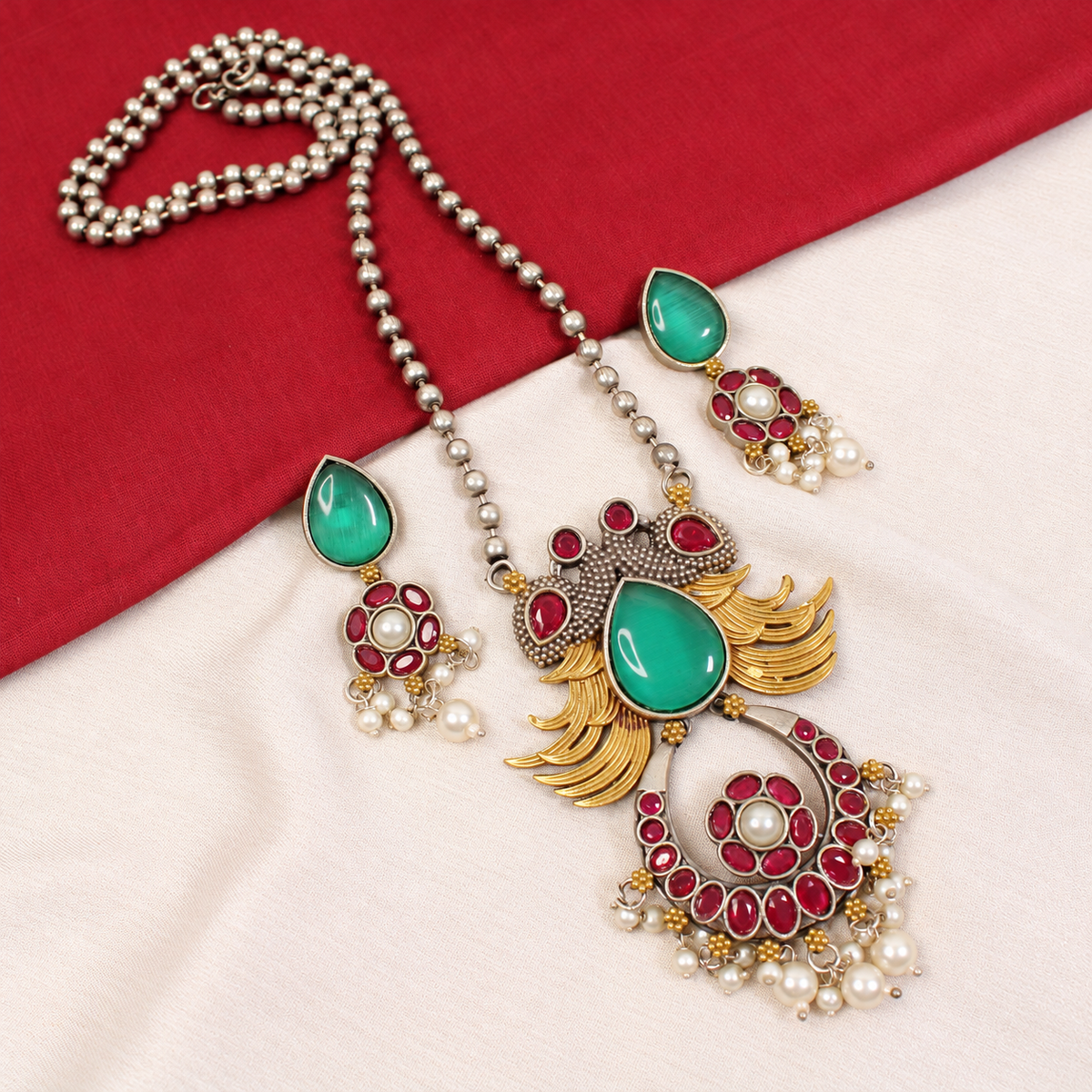 Ornate Teardrop Stone Pendant Set - Green and Ruby — retouched original photograph IMG_8147