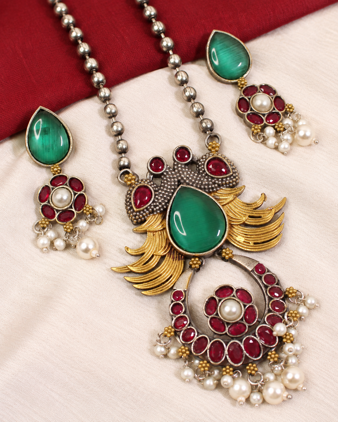 Ornate Teardrop Stone Pendant Set - Green and Ruby — AI-styled ornament detail view