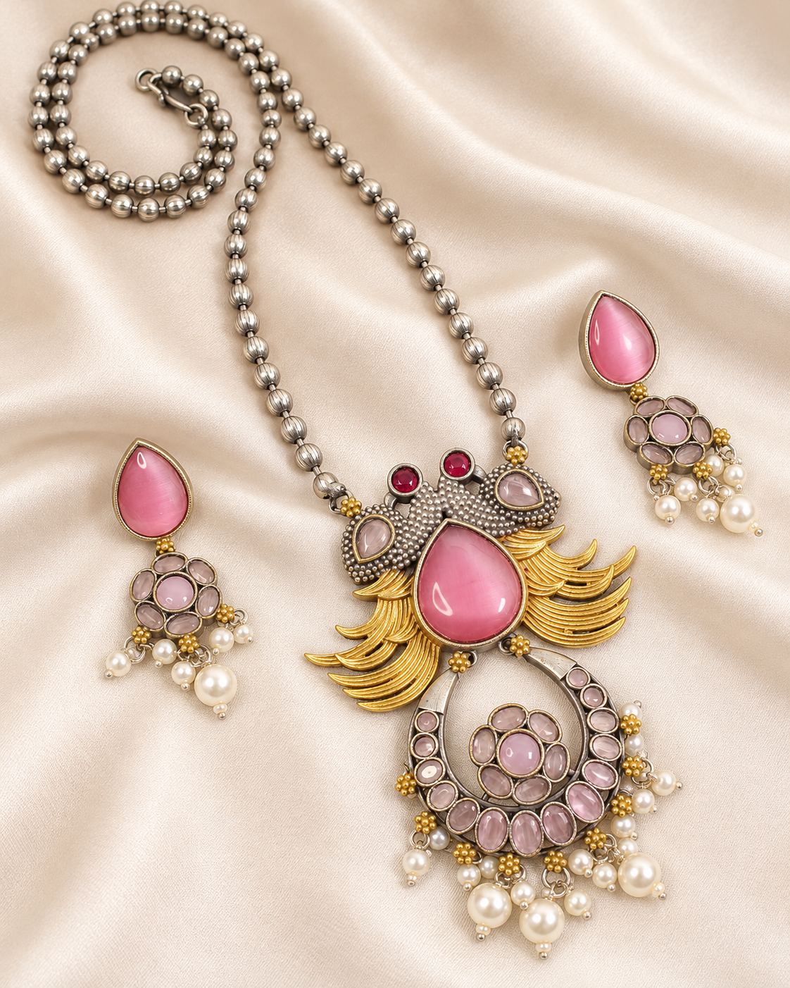 Ornate Teardrop Stone Pendant Set - Pink and Clear — AI-styled closeup view