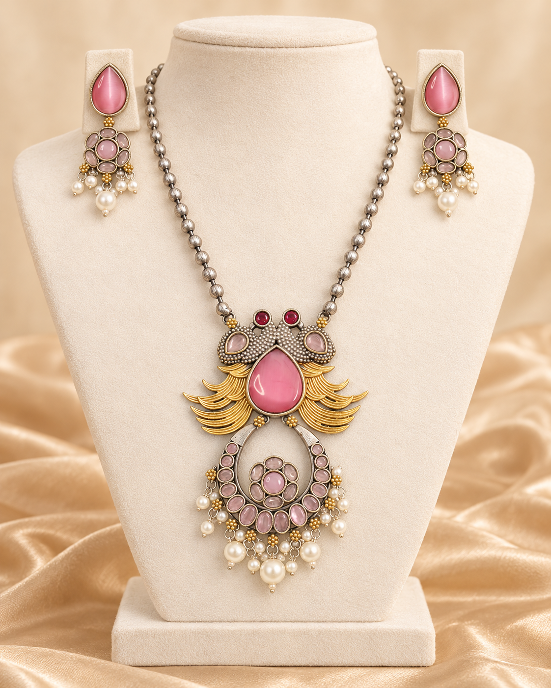Ornate Teardrop Stone Pendant Set - Pink and Clear — AI-styled mannequin view