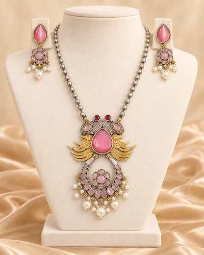 Ornate Teardrop Stone Pendant Set - Pink and Clear — AI-styled mannequin view