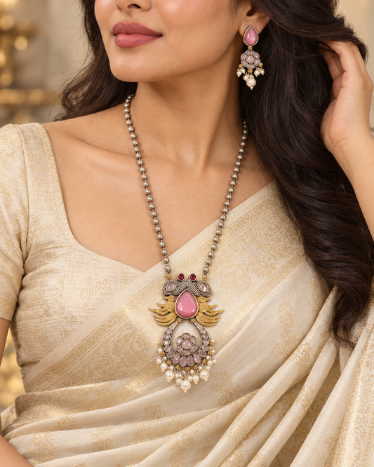 Ornate Teardrop Stone Pendant Set - Pink and Clear — AI-styled model view