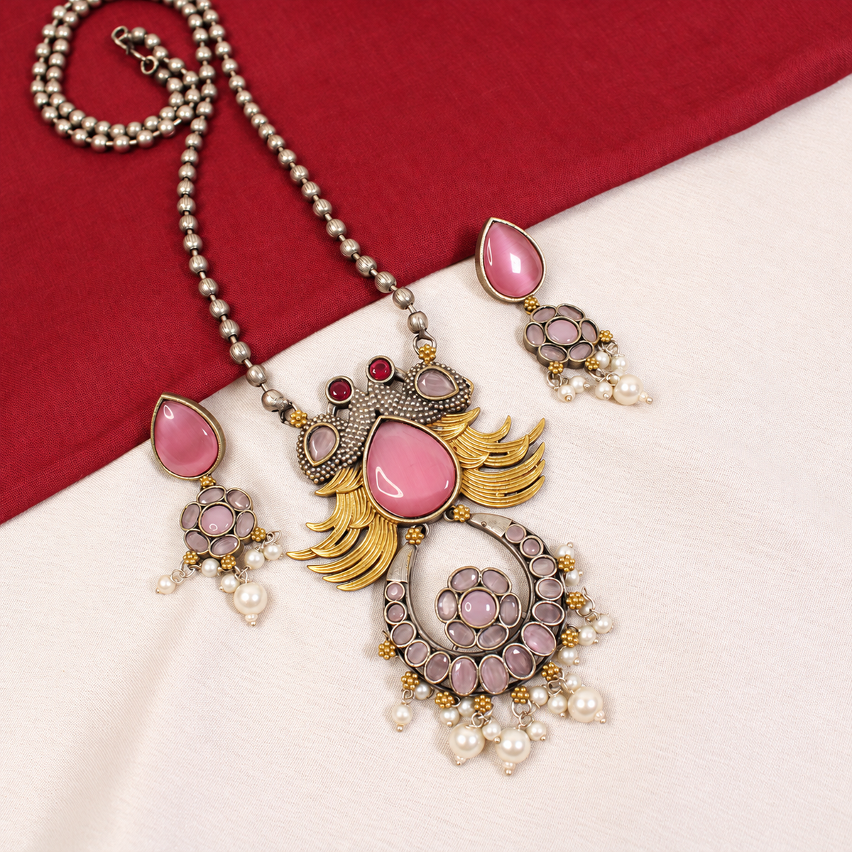 Ornate Teardrop Stone Pendant Set - Pink and Clear — retouched original photograph IMG_8148