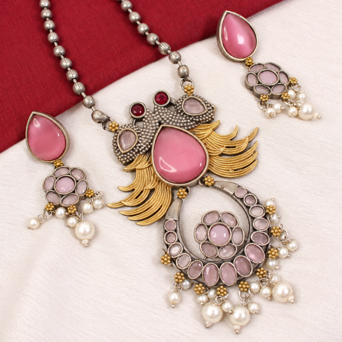 Ornate Teardrop Stone Pendant Set - Pink and Clear — retouched original photograph IMG_8149