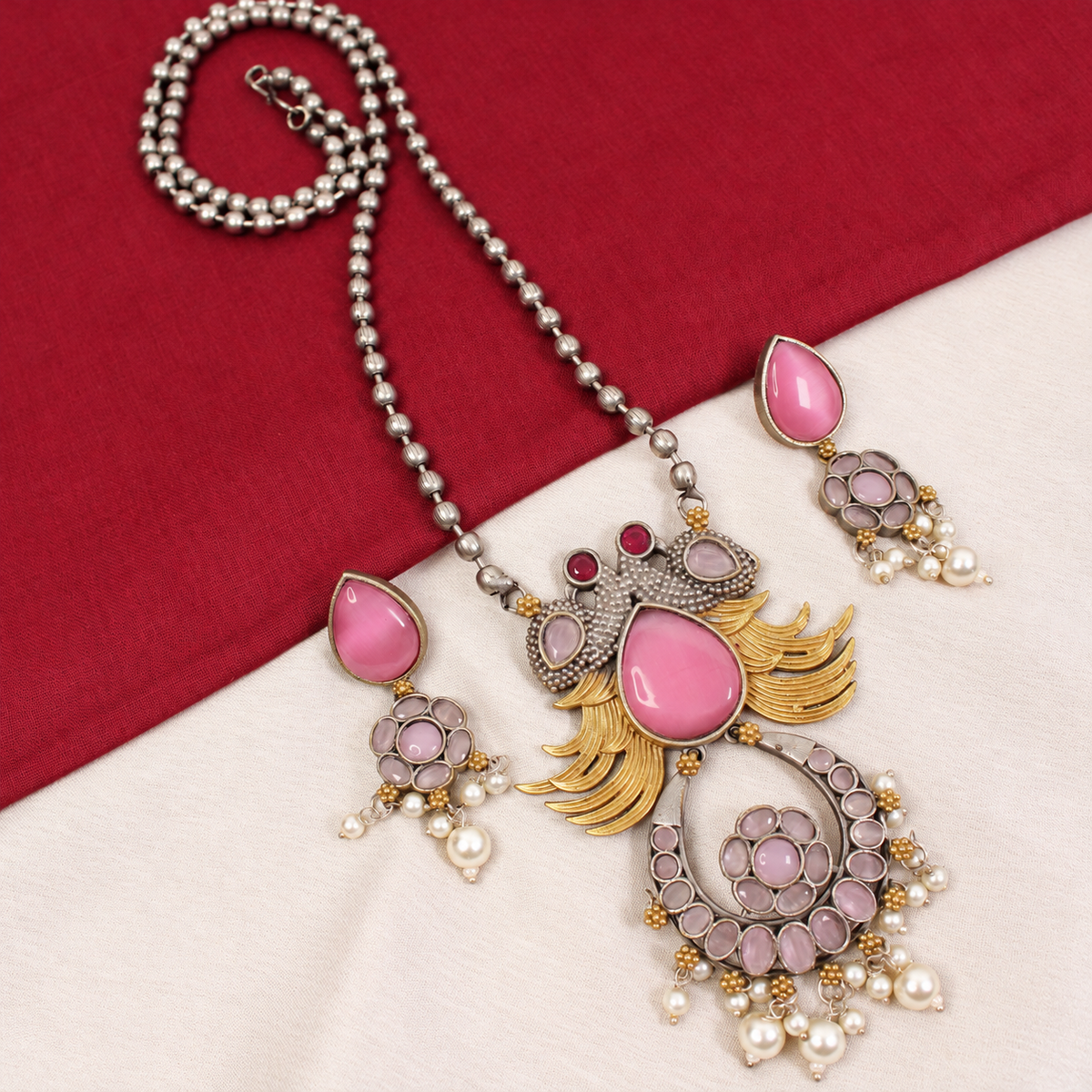Ornate Teardrop Stone Pendant Set - Pink and Clear — retouched original photograph IMG_8150