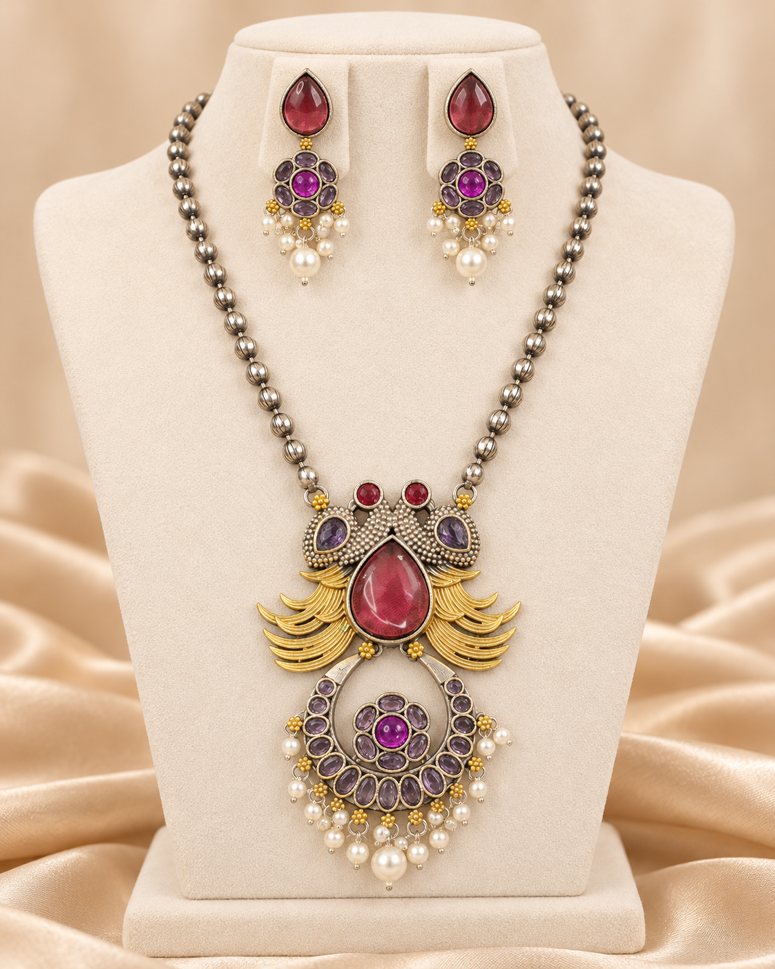Ornate Teardrop Stone Pendant Set - Ruby Multicolour - mannequin view