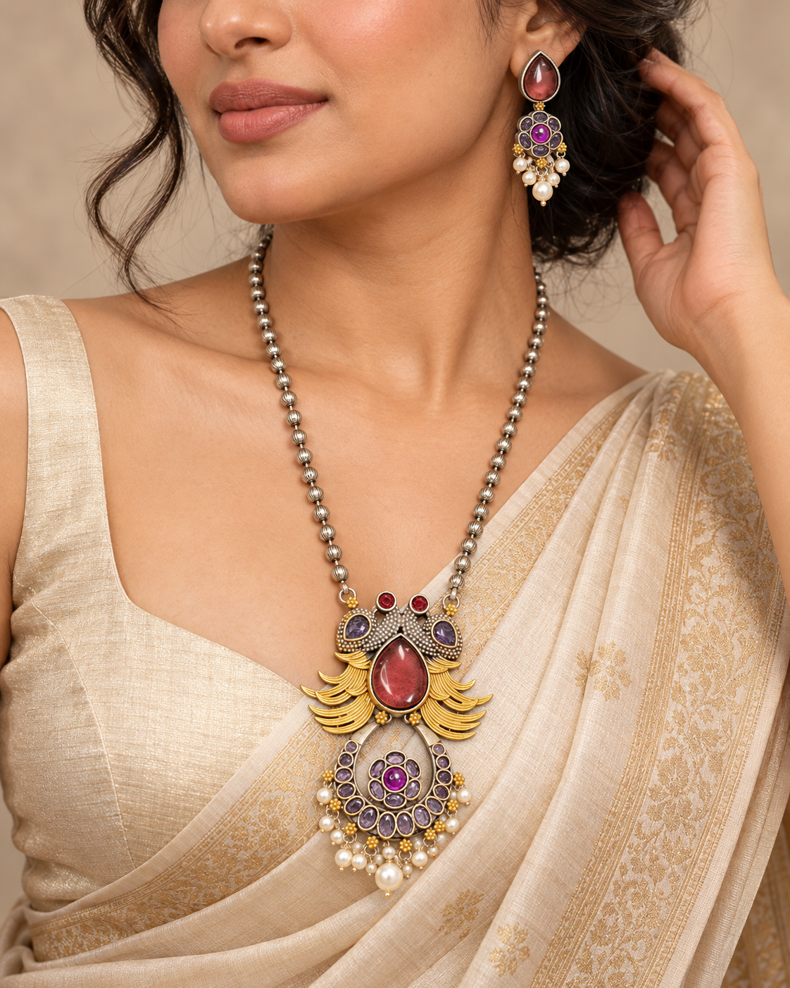 Ornate Teardrop Stone Pendant Set - Ruby Multicolour - model view