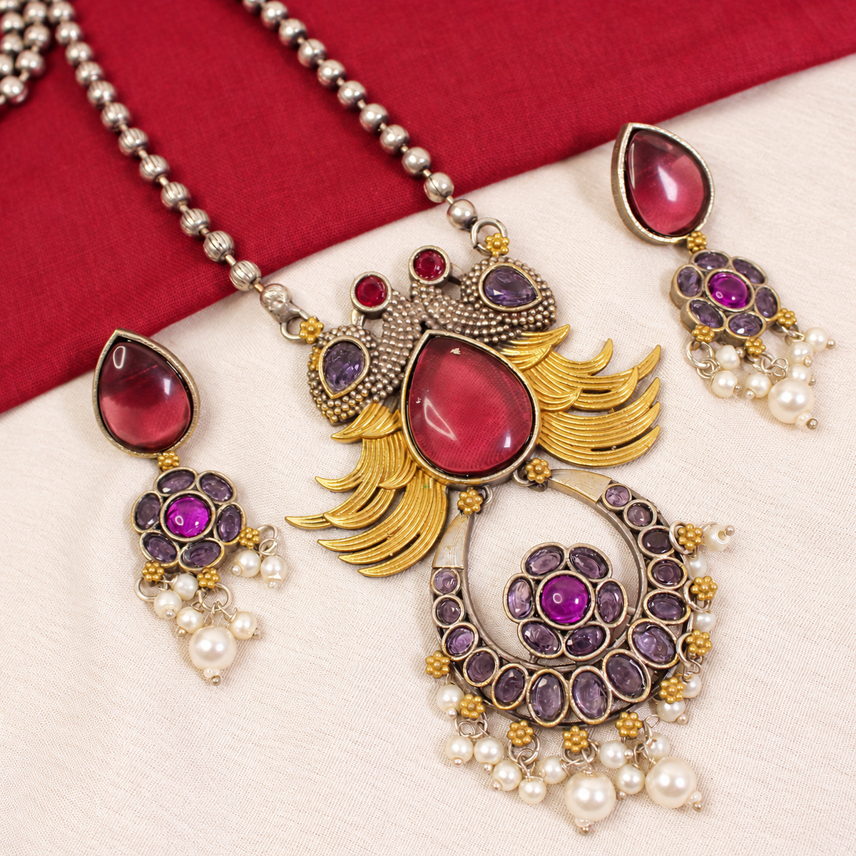 Ornate Teardrop Stone Pendant Set - Ruby Multicolour - retouched original photograph IMG_8155