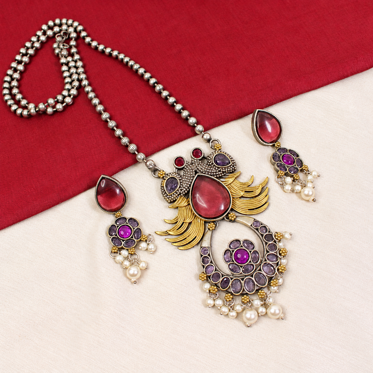 Ornate Teardrop Stone Pendant Set - Ruby Multicolour - retouched original photograph IMG_8156