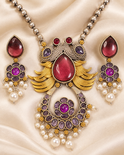 Ornate Teardrop Stone Pendant Set - Ruby Multicolour - ornament-detail view