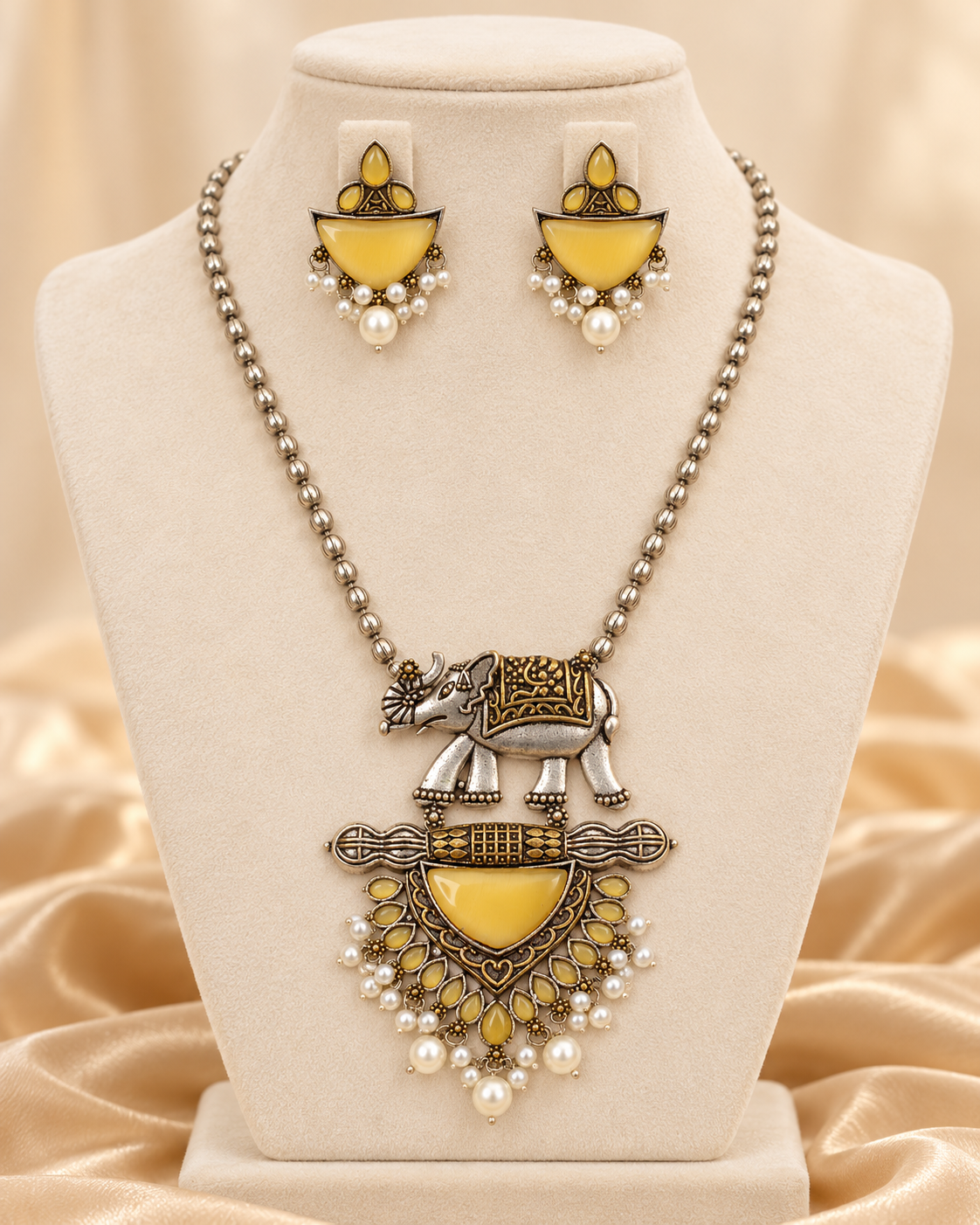 Animal Motif Fan Pendant Set - Yellow — AI-styled mannequin view