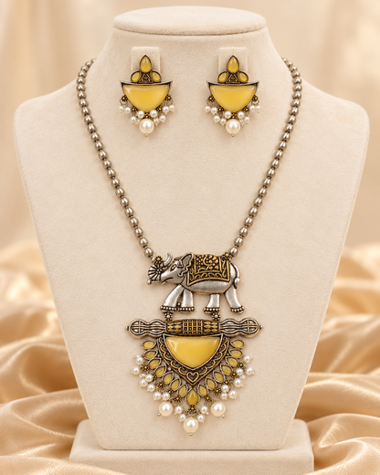 Animal Motif Fan Pendant Set - Yellow — AI-styled mannequin view