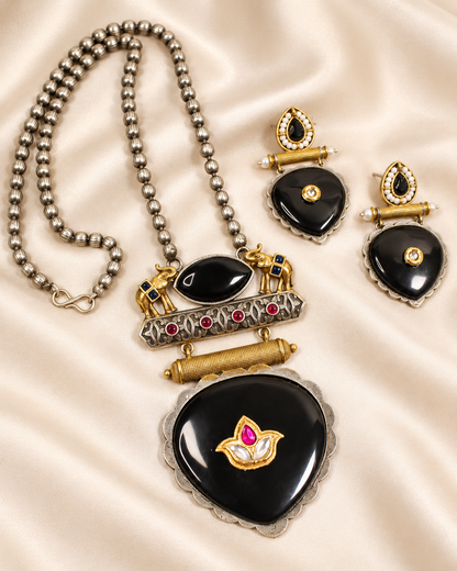 Floral Heart Drop Dual Tone Pendant Set - Black — AI-styled closeup view