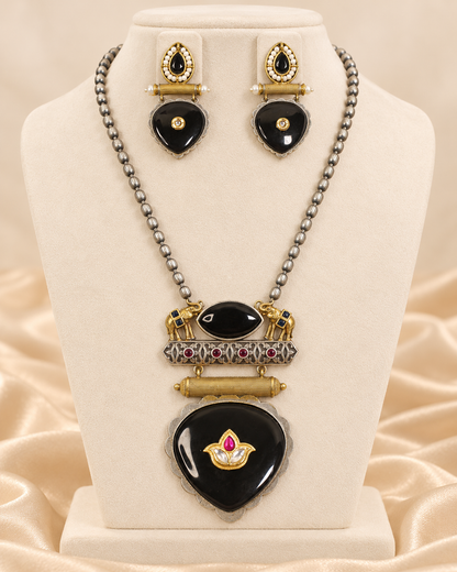 Floral Heart Drop Dual Tone Pendant Set - Black — AI-styled mannequin view