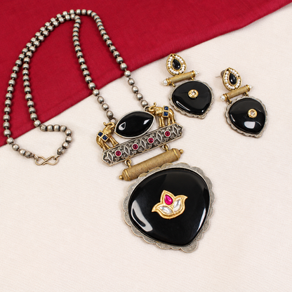 Floral Heart Drop Dual Tone Pendant Set - Black — retouched original photograph IMG_8184