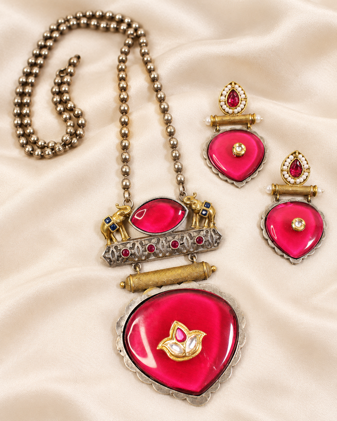Floral Heart Drop Dual Tone Pendant Set - Bright Pink — AI-styled closeup view