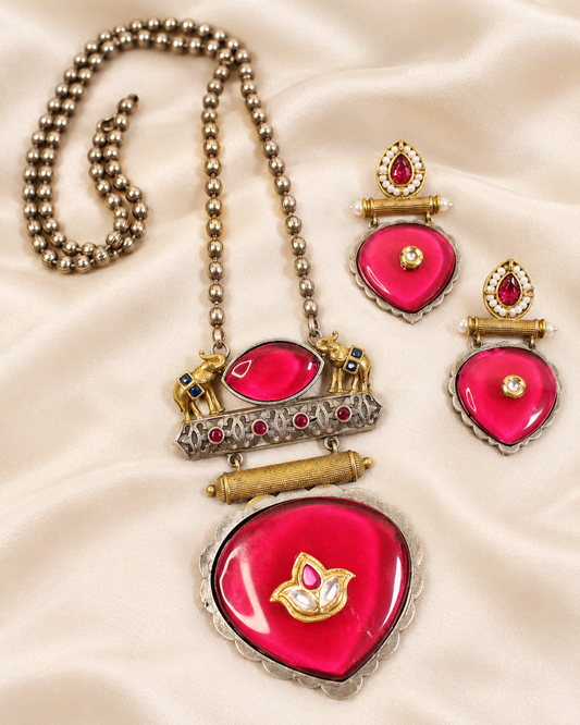 Floral Heart Drop Dual Tone Pendant Set - Bright Pink — AI-styled closeup view