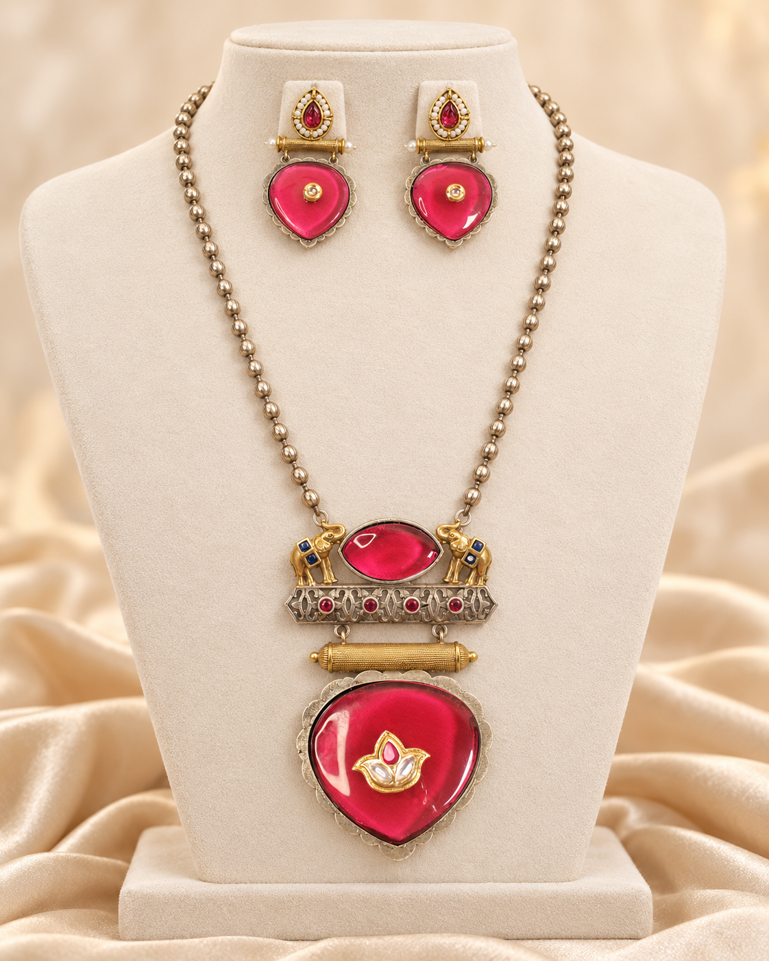 Floral Heart Drop Dual Tone Pendant Set - Bright Pink — AI-styled mannequin view