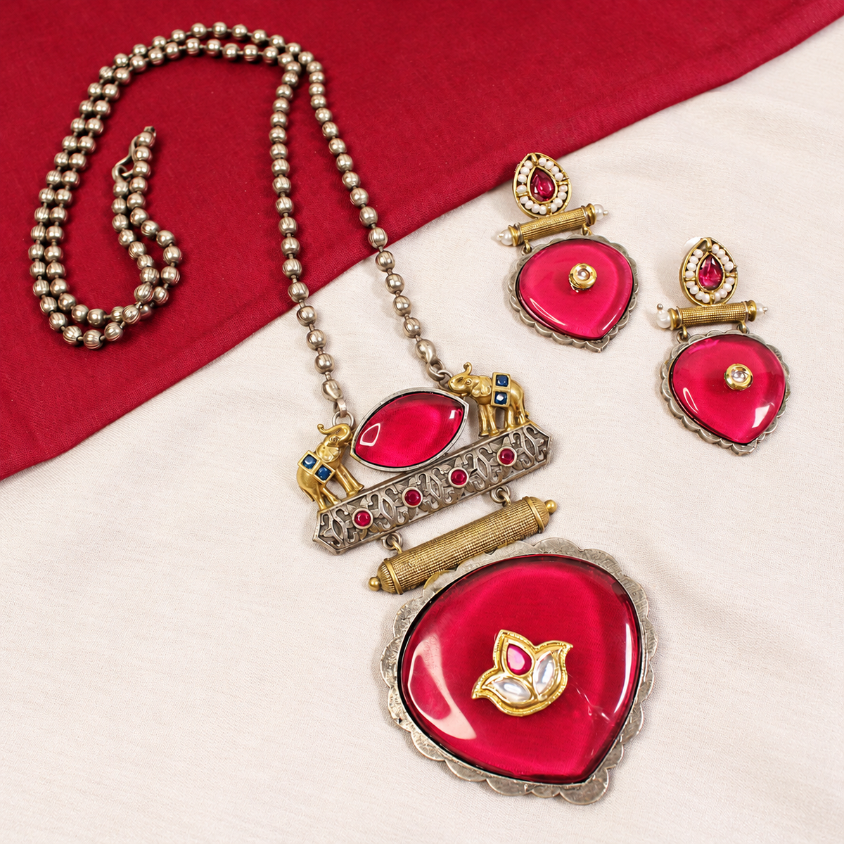 Floral Heart Drop Dual Tone Pendant Set - Bright Pink — retouched original photograph IMG_8187