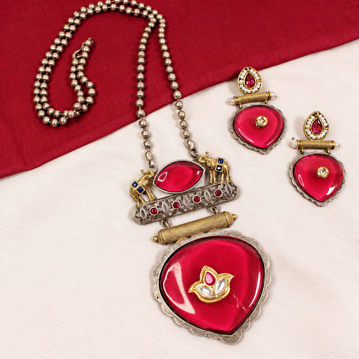 Floral Heart Drop Dual Tone Pendant Set - Bright Pink — retouched original photograph IMG_8188