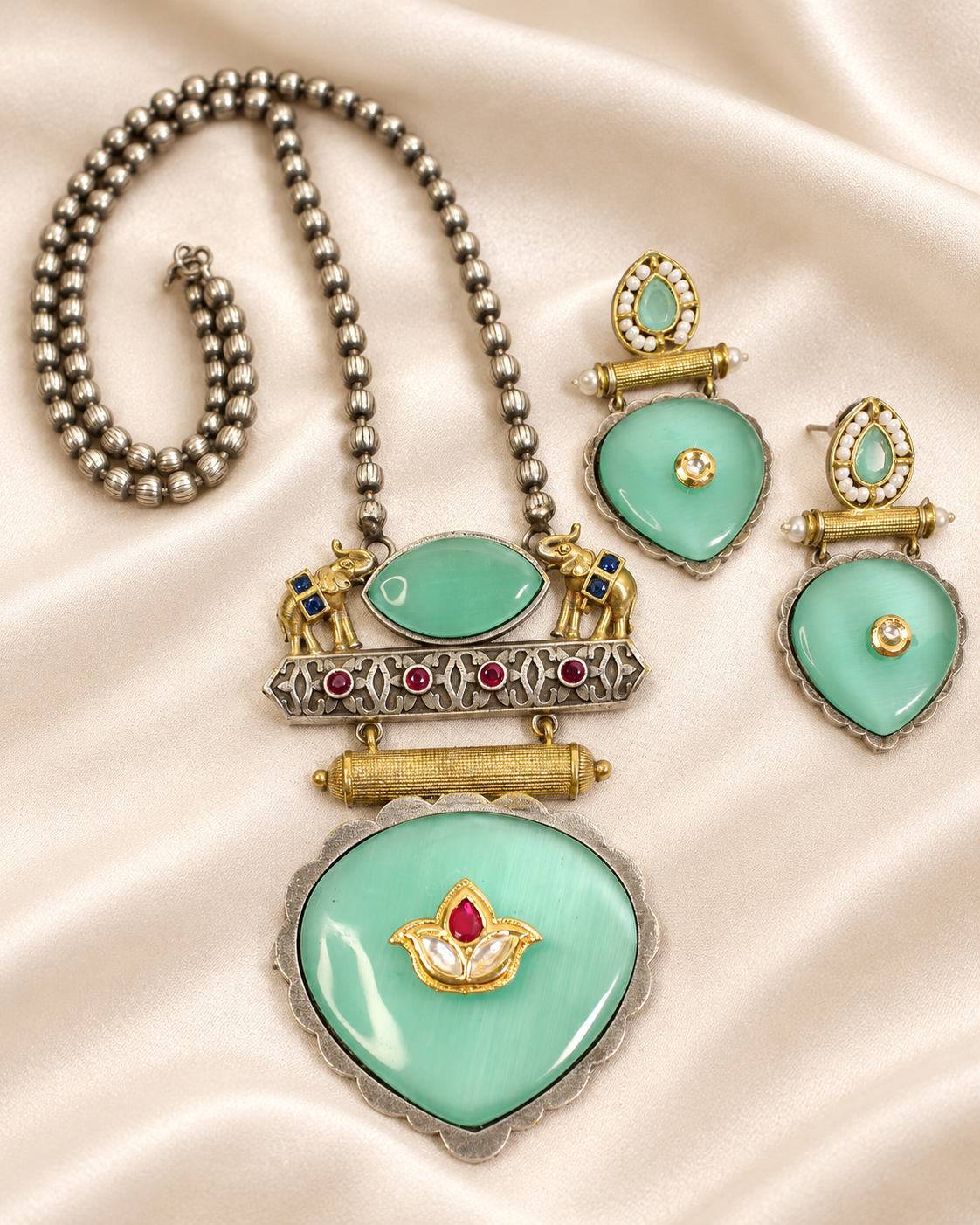 Floral Heart Drop Dual Tone Pendant Set - Aqua — AI-styled closeup view