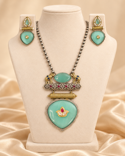 Floral Heart Drop Dual Tone Pendant Set - Aqua — AI-styled mannequin view