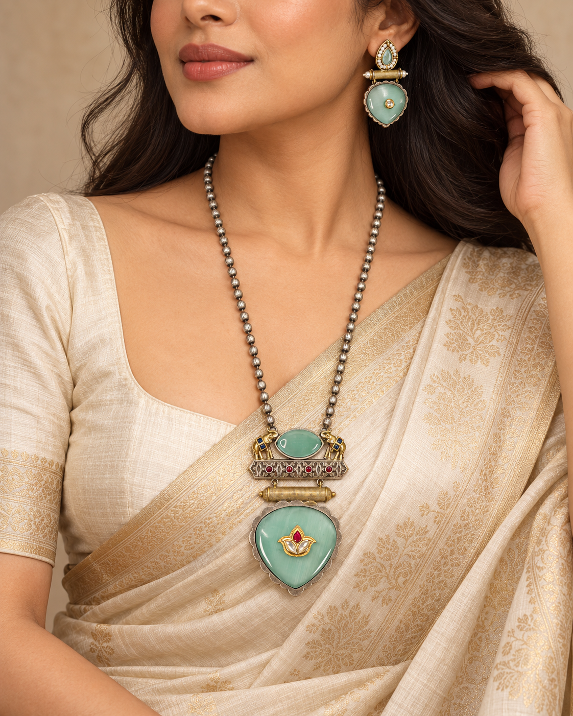 Floral Heart Drop Dual Tone Pendant Set - Aqua — AI-styled model view