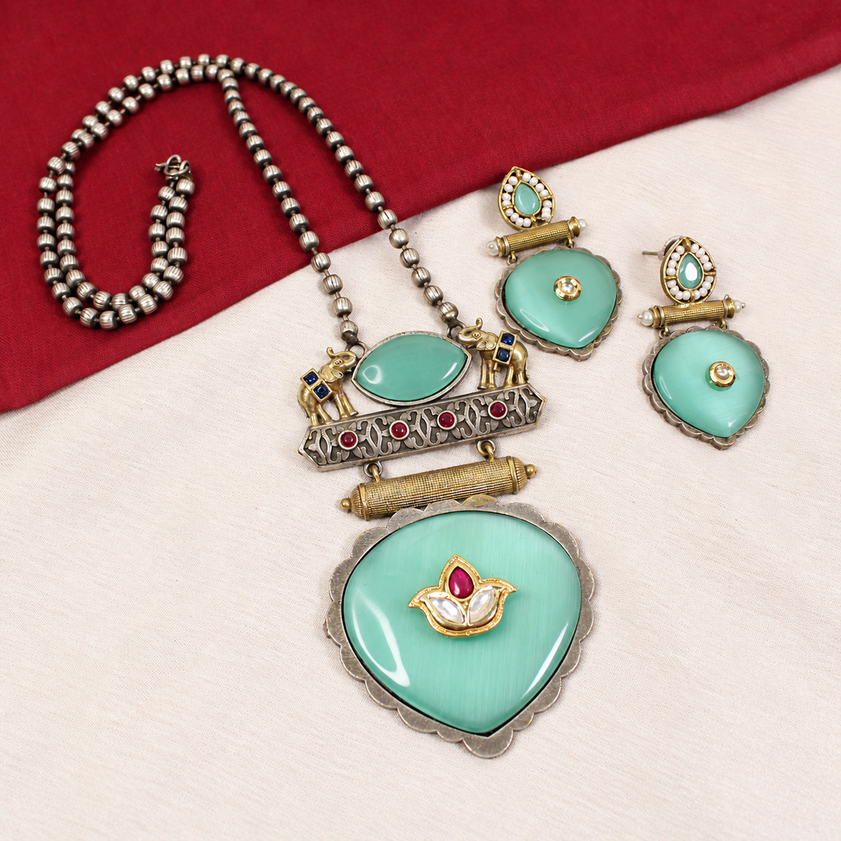 Floral Heart Drop Dual Tone Pendant Set - Aqua — retouched original photograph IMG_8189