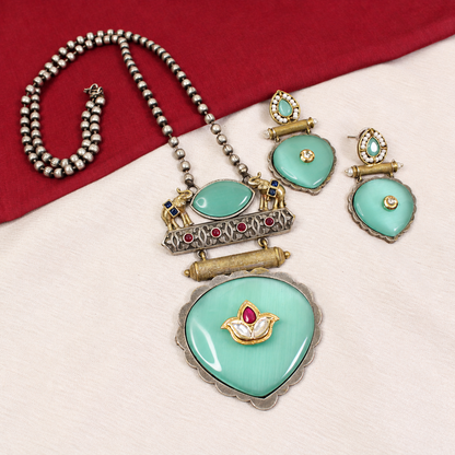 Floral Heart Drop Dual Tone Pendant Set - Aqua — retouched original photograph IMG_8189