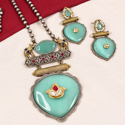 Floral Heart Drop Dual Tone Pendant Set - Aqua — retouched original photograph IMG_8190