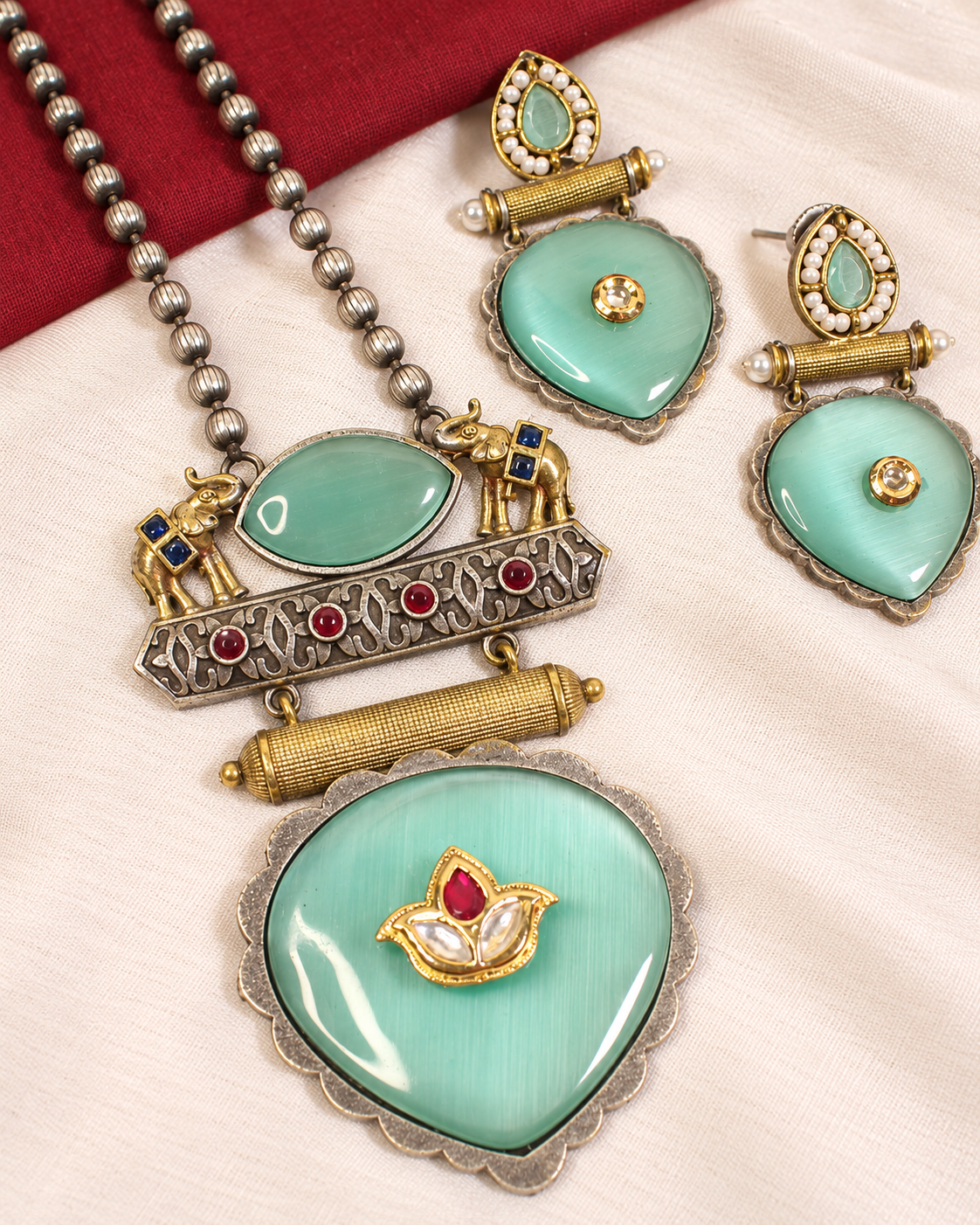 Floral Heart Drop Dual Tone Pendant Set - Aqua — AI-styled ornament detail view