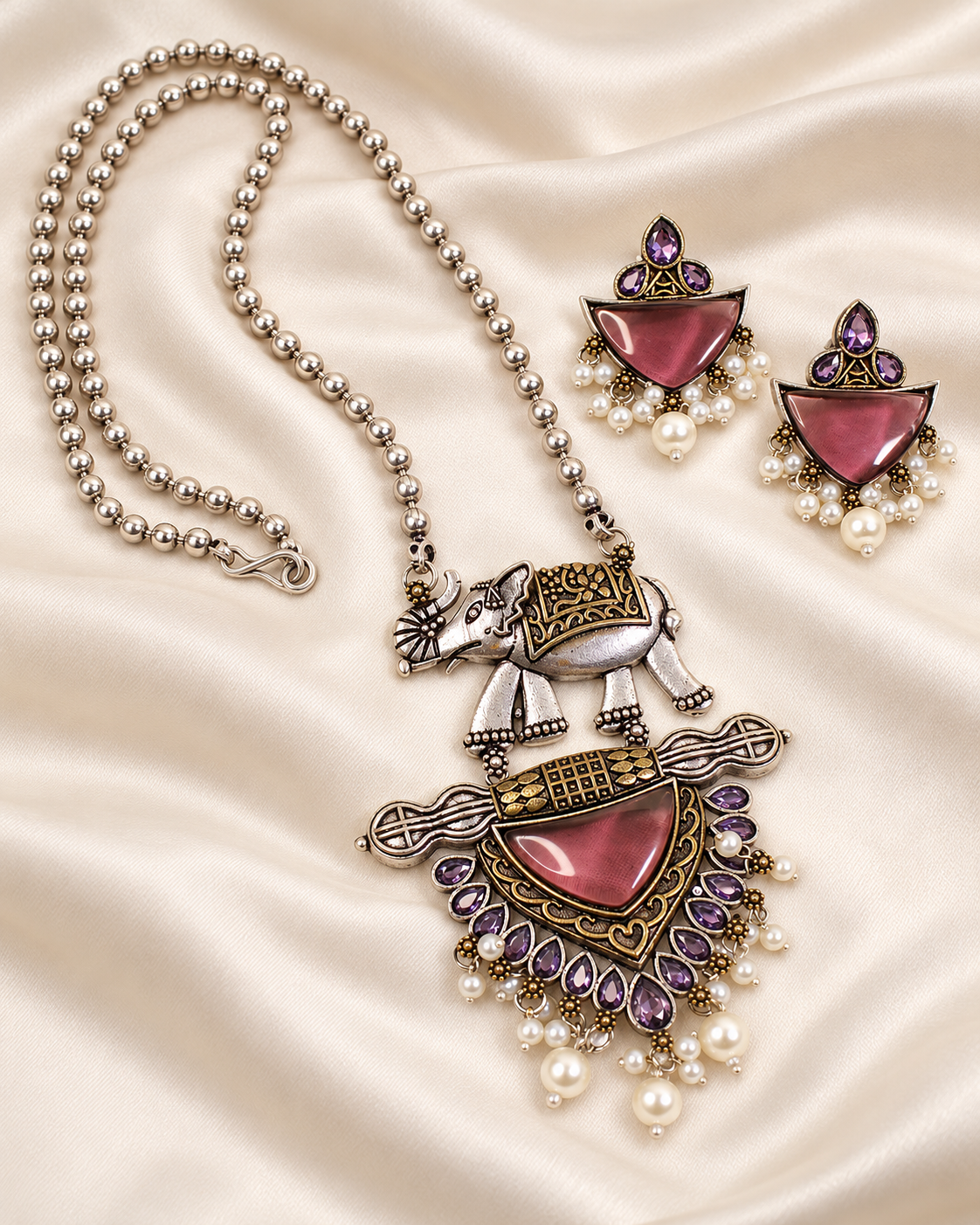 Animal Motif Fan Pendant Set - Ruby and Purple — AI-styled closeup view