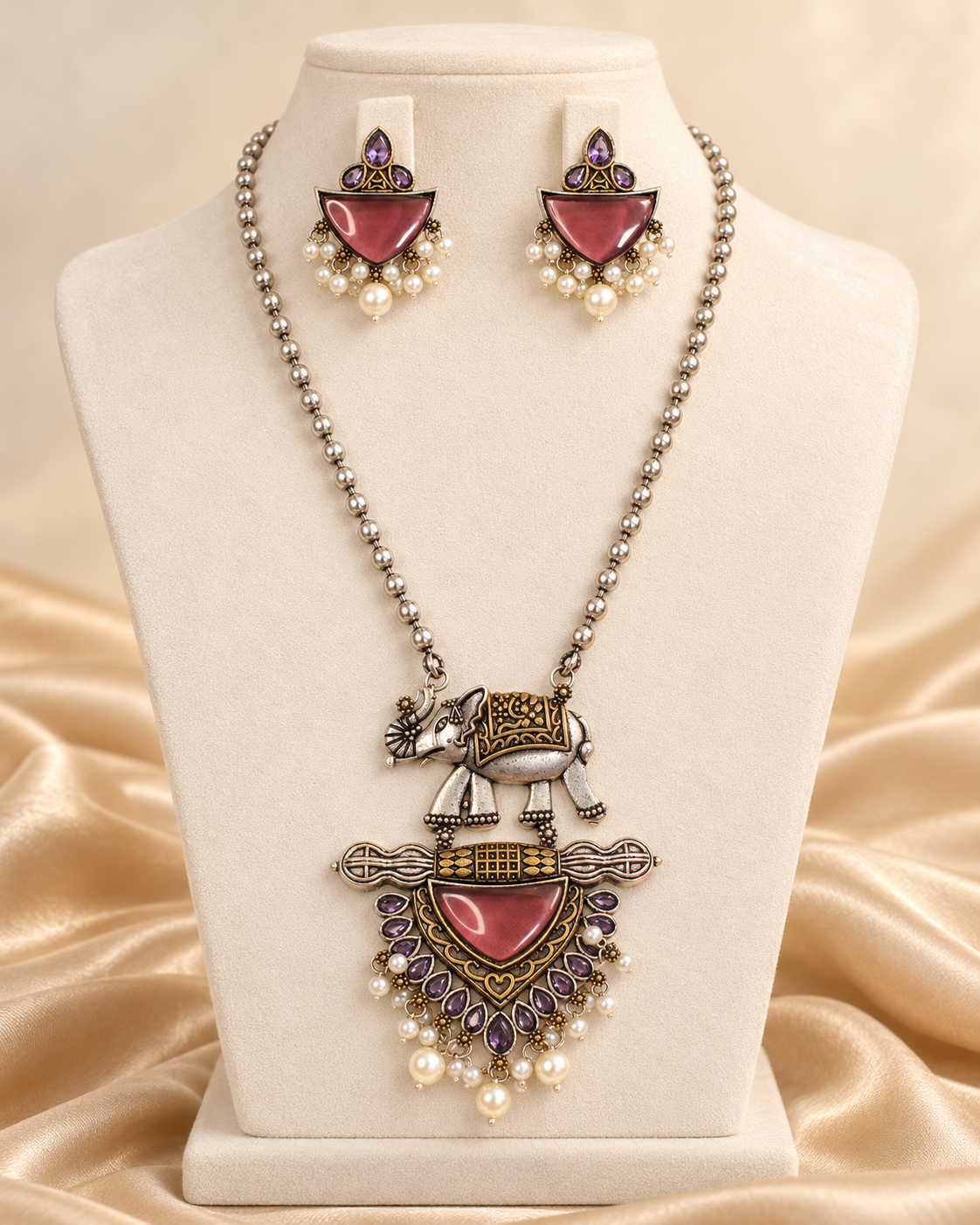 Animal Motif Fan Pendant Set - Ruby and Purple — AI-styled mannequin view
