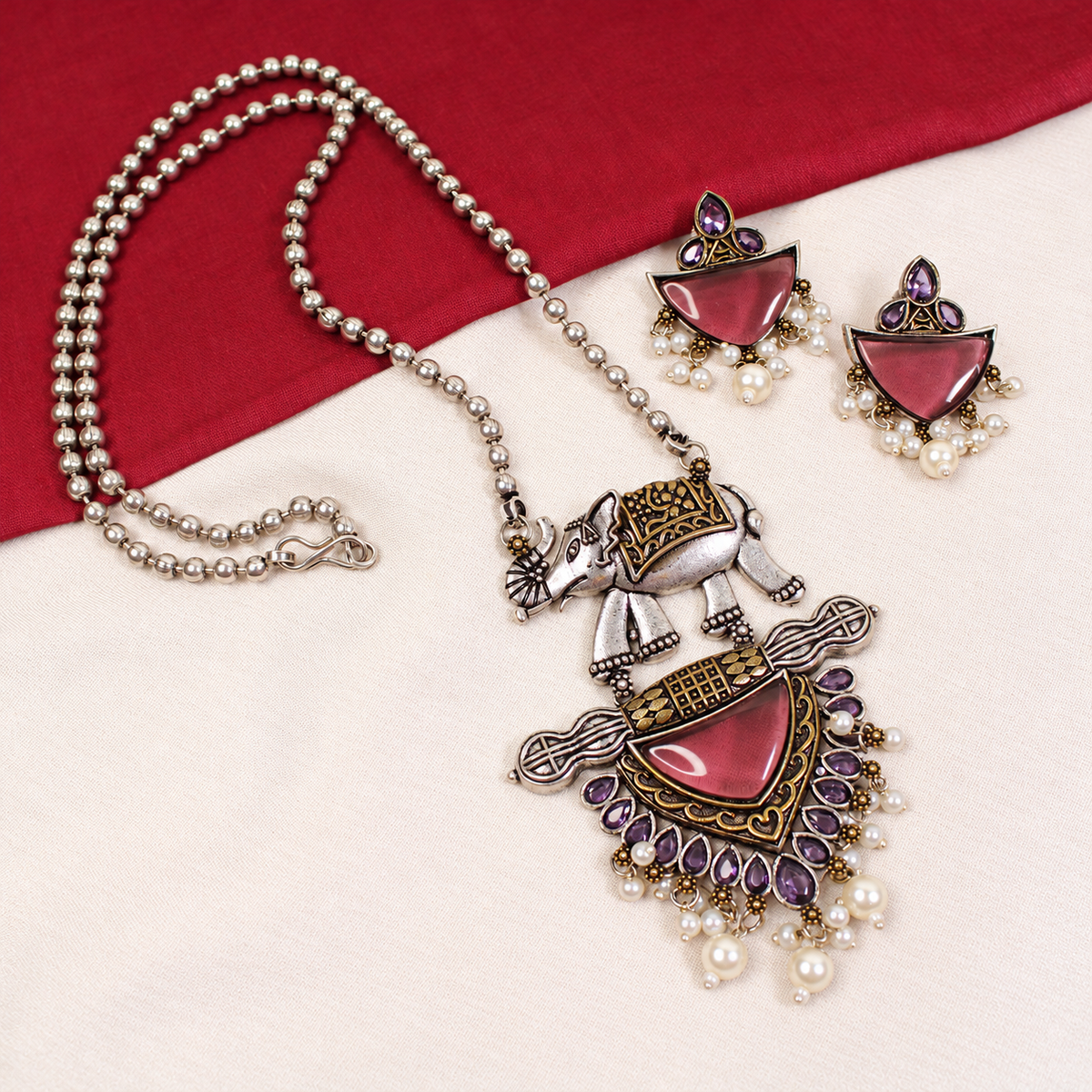 Animal Motif Fan Pendant Set - Ruby and Purple — retouched original photograph IMG_8191