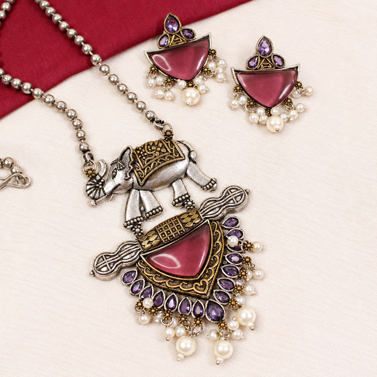 Animal Motif Fan Pendant Set - Ruby and Purple — retouched original photograph IMG_8192