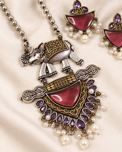 Animal Motif Fan Pendant Set - Ruby and Purple — AI-styled ornament detail view