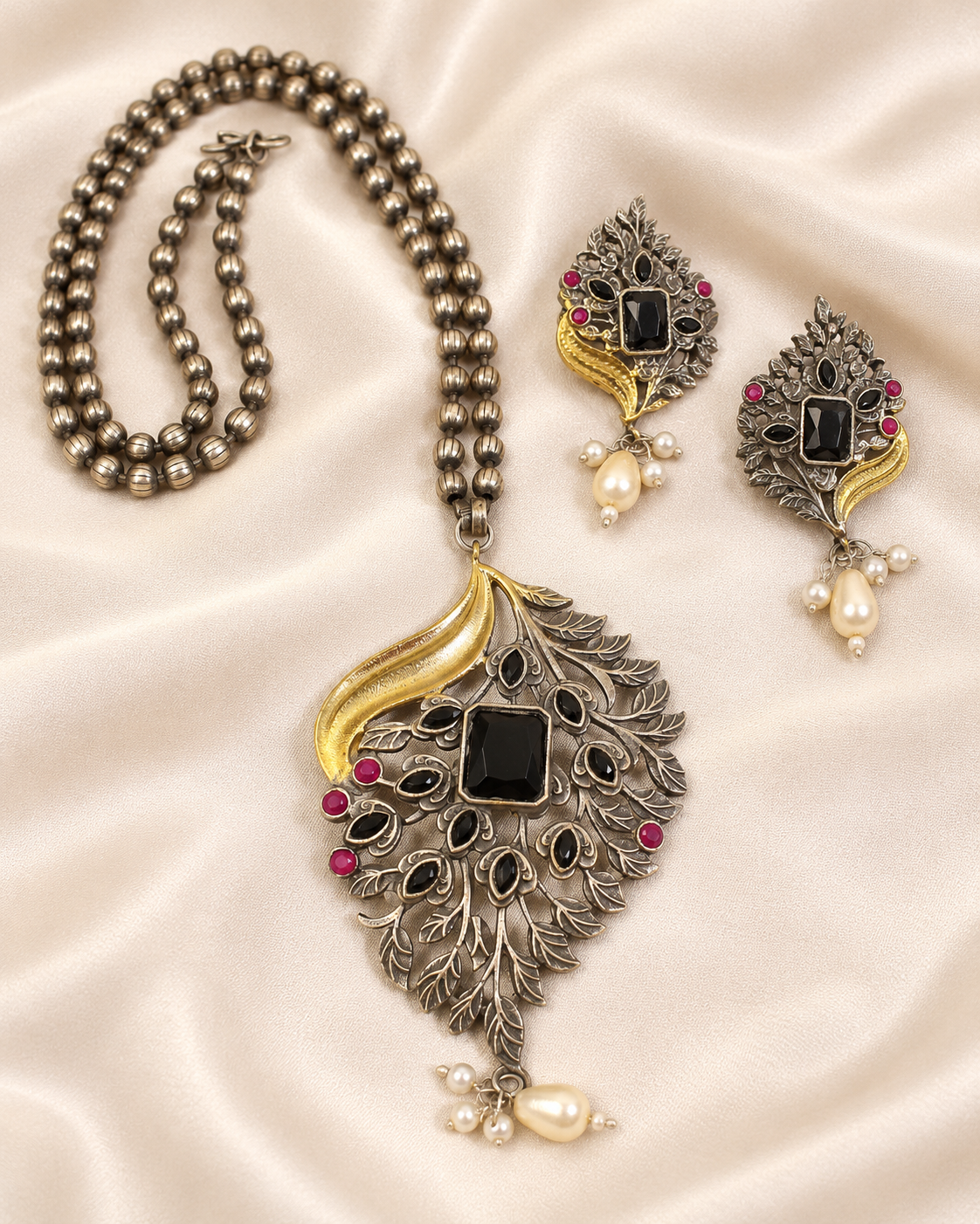 Leaf Peacock Dual Tone Pendant Set - Black — AI-styled closeup view