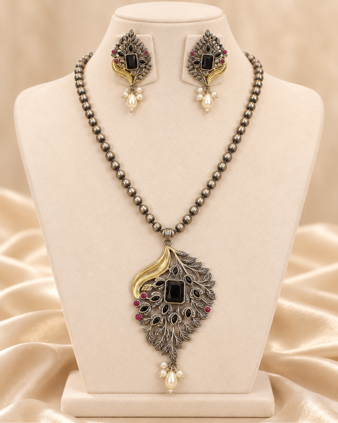 Leaf Peacock Dual Tone Pendant Set - Black — AI-styled mannequin view