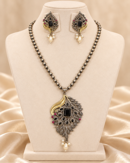 Leaf Peacock Dual Tone Pendant Set - Black — AI-styled mannequin view