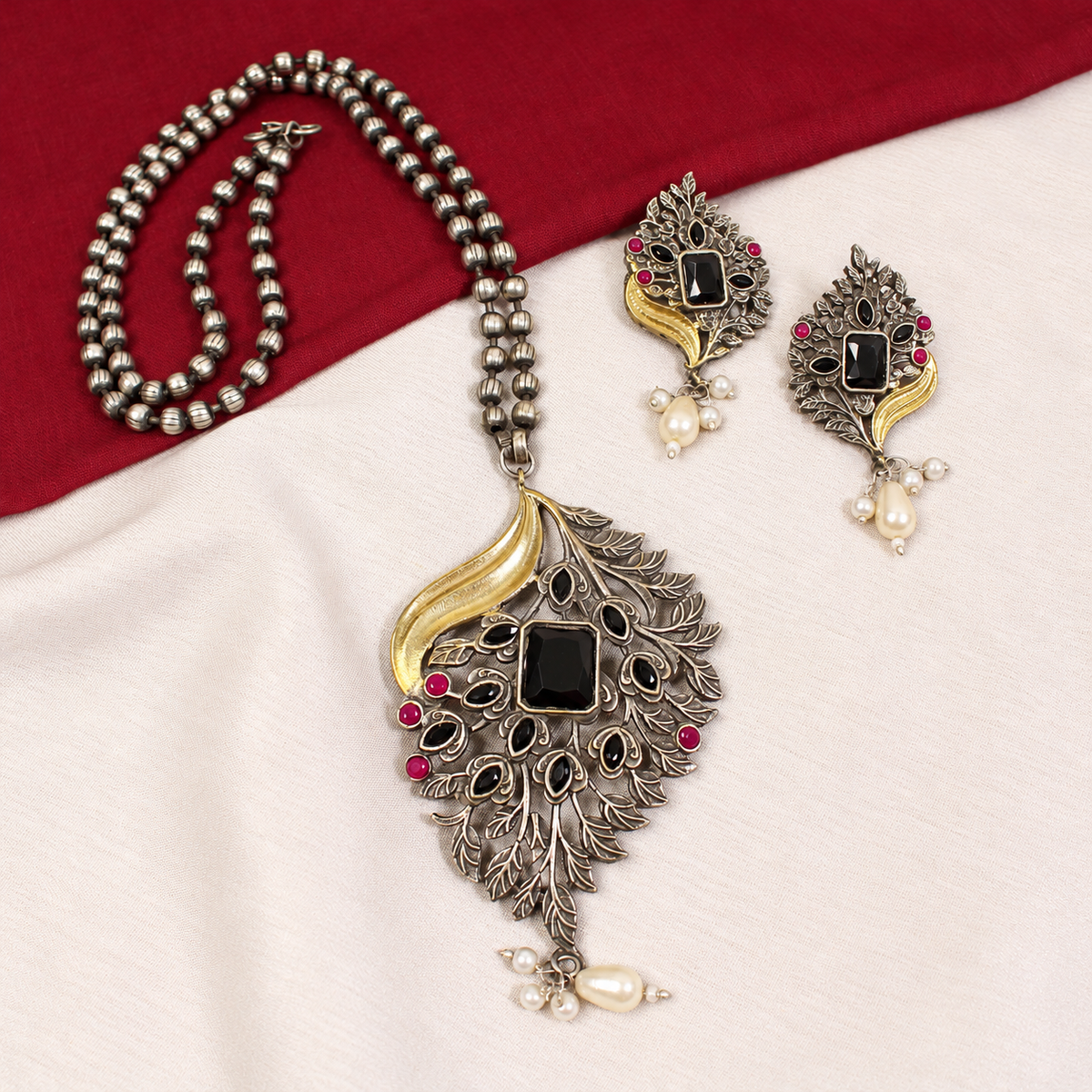 Leaf Peacock Dual Tone Pendant Set - Black — retouched original photograph IMG_8193