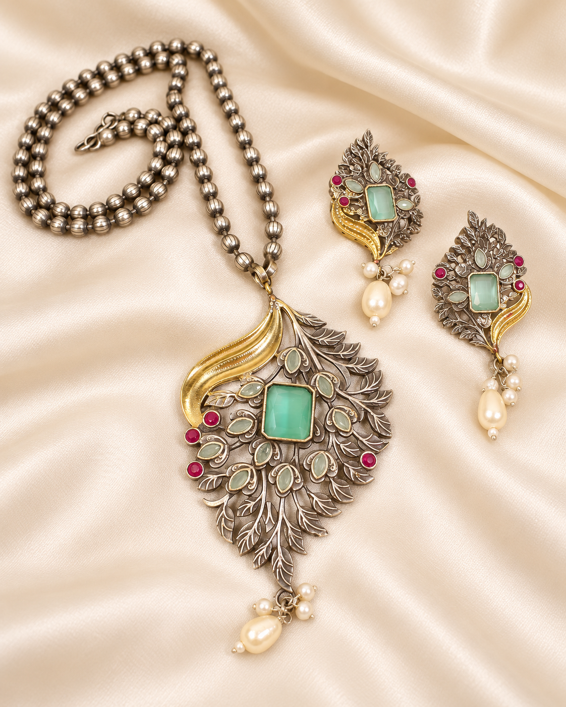 Leaf Peacock Dual Tone Pendant Set - Mint — AI-styled closeup view