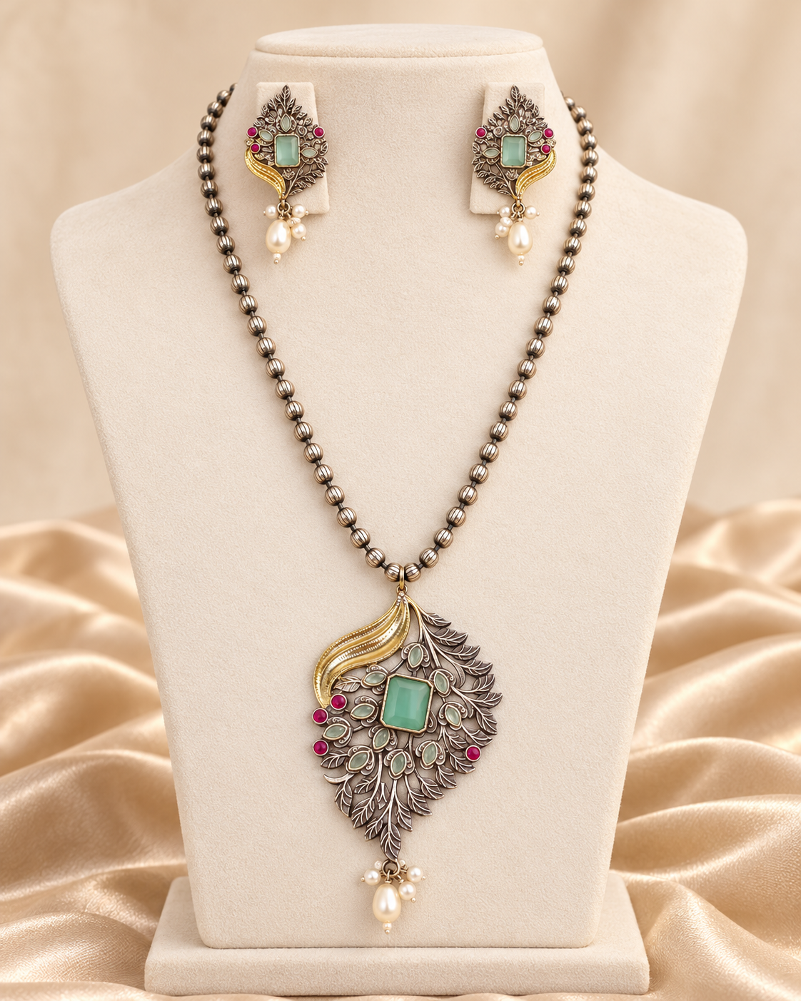 Leaf Peacock Dual Tone Pendant Set - Mint — AI-styled mannequin view
