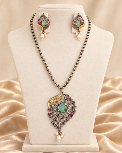 Leaf Peacock Dual Tone Pendant Set - Mint — AI-styled mannequin view