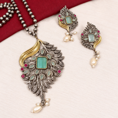 Leaf Peacock Dual Tone Pendant Set - Mint — retouched original photograph IMG_8197