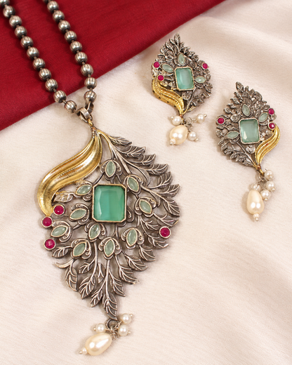 Leaf Peacock Dual Tone Pendant Set - Mint — AI-styled ornament detail view