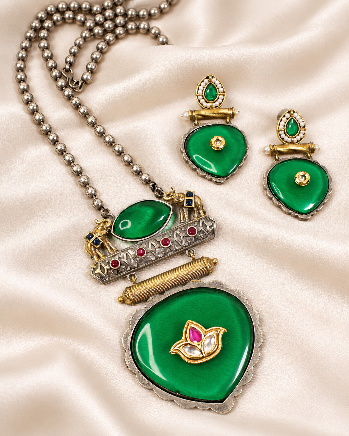 Floral Heart Drop Dual Tone Pendant Set - Green — AI-styled closeup view