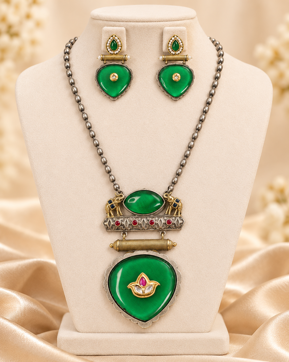 Floral Heart Drop Dual Tone Pendant Set - Green — AI-styled mannequin view