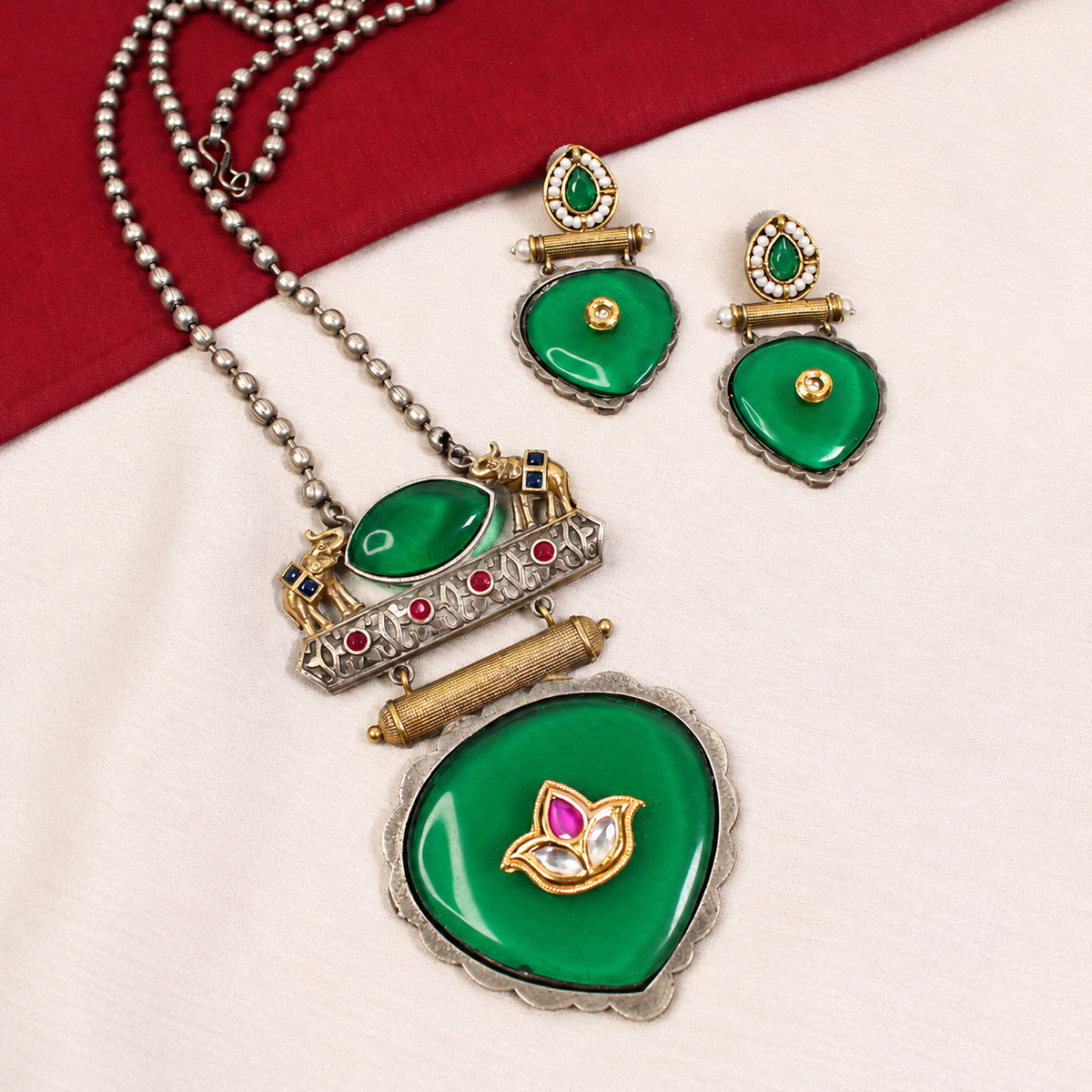 Floral Heart Drop Dual Tone Pendant Set - Green — retouched original photograph IMG_8200